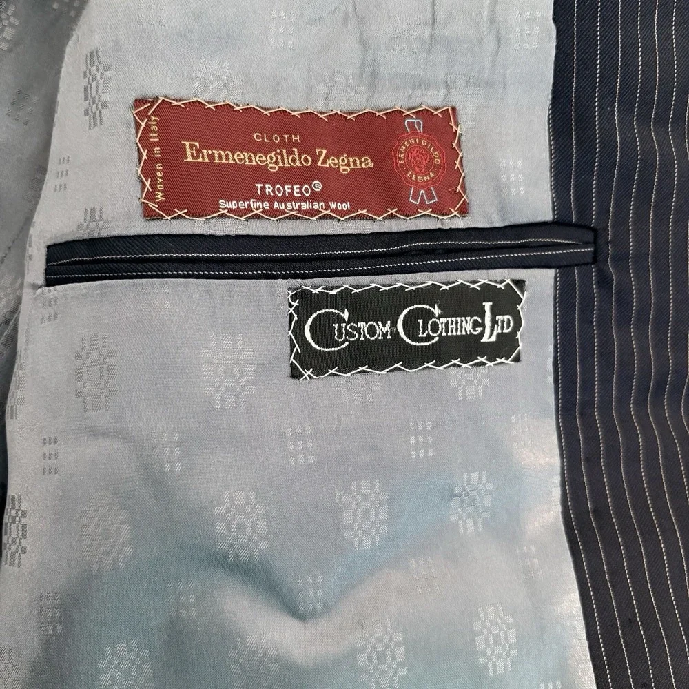 Ermenegildo ZEGNA Trofeo Blue Wool Lined Pinstripe Coat Blazer‎ Jacket Men Sz 45